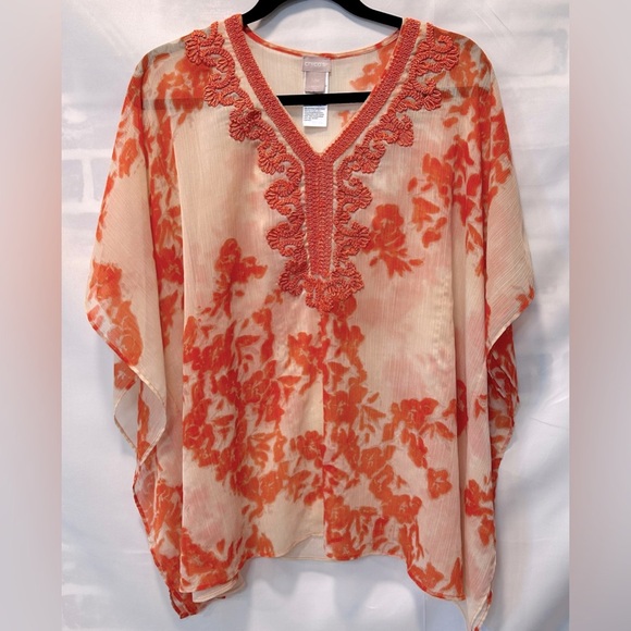 CHICOS Embroidered Poncho Cream Orange Floral Sheer Boho Beach Resort Size S/M - Picture 1 of 4